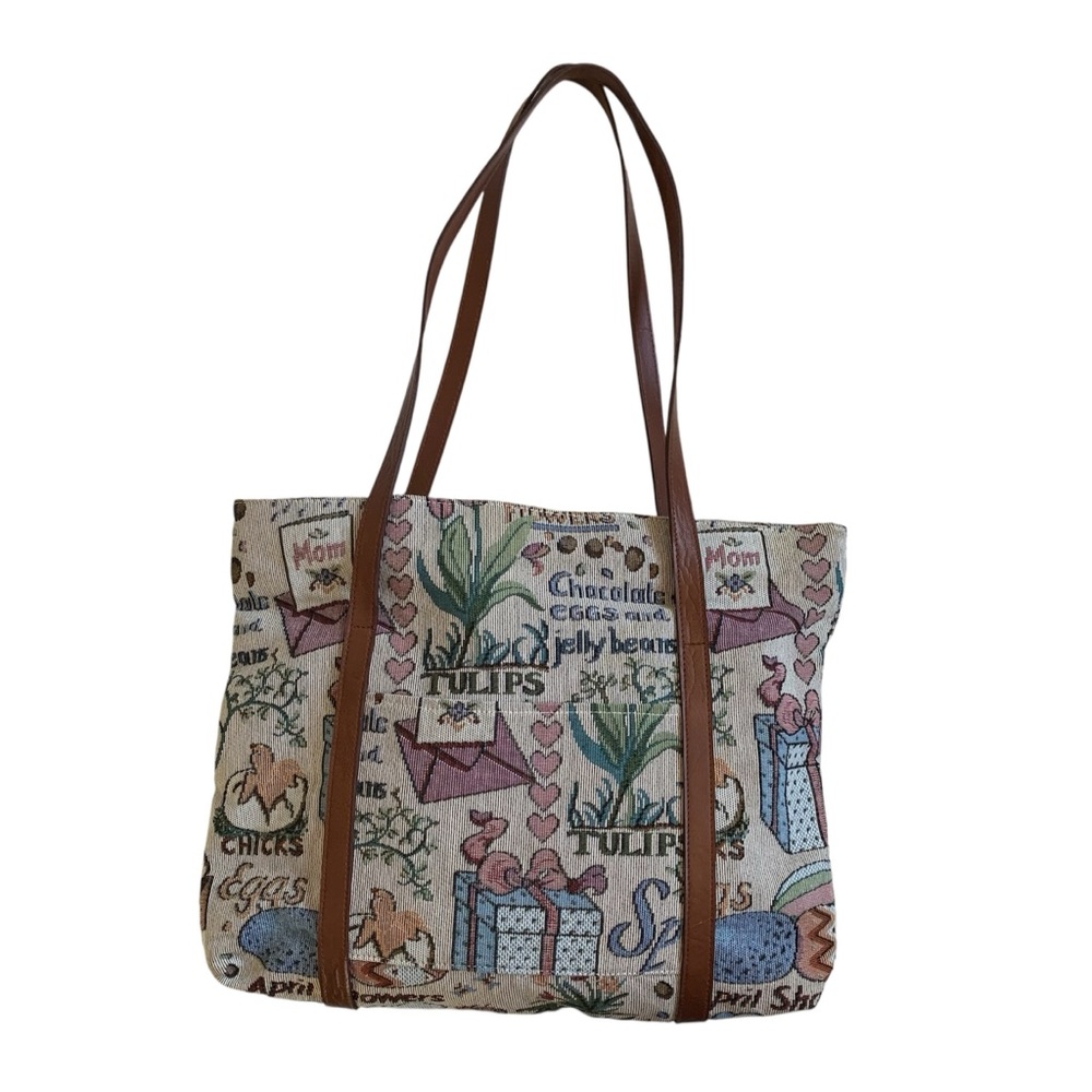 Woven Floral Print Tote Bag with Brown Straps